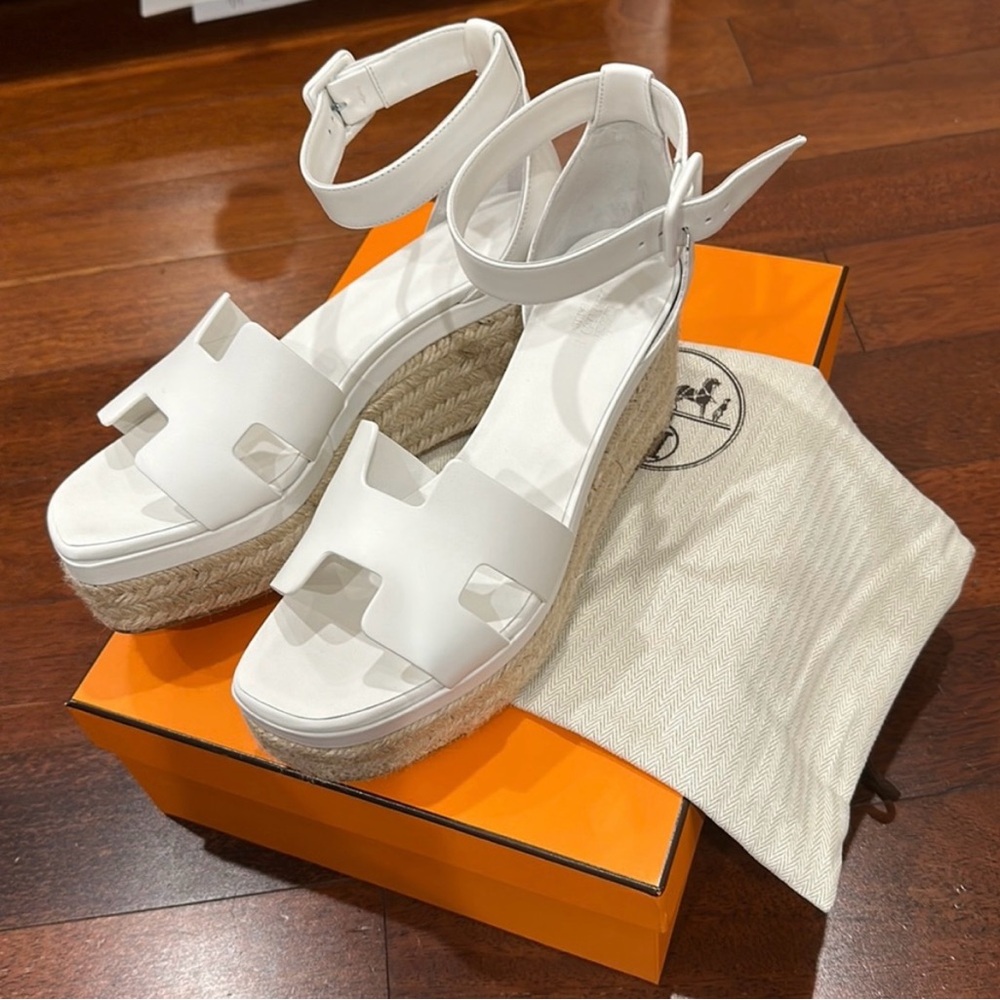 Hermes White Elda Espadrille Platform Sandals